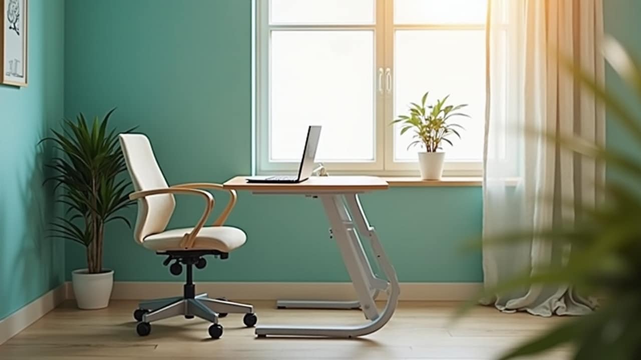 A person sitting upright at a tidy desk with the monitor at eye level and feet flat on the floor