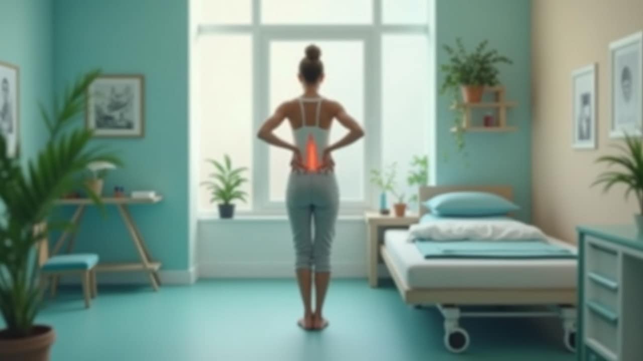 A person holding the middle of their back while sitting at a desk